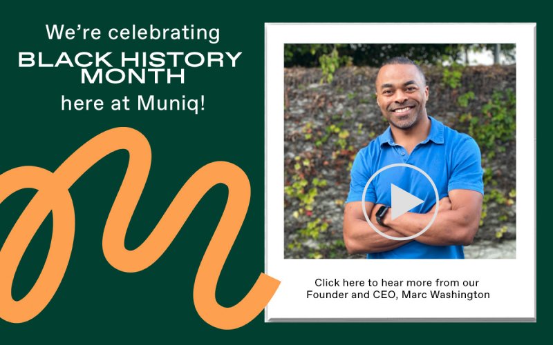An image of Muniq founder Marc Washington on a green black history month background